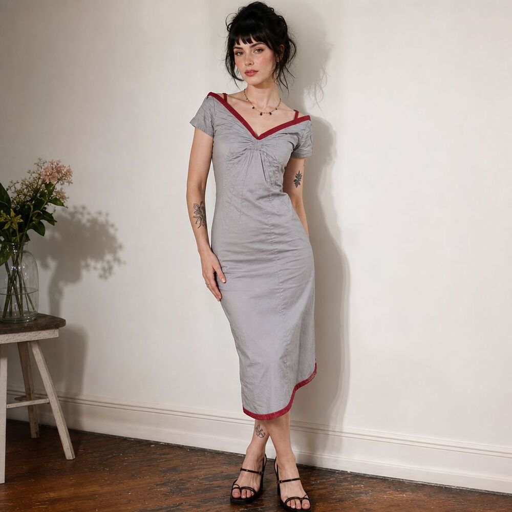 Retro VIOLATED Wiggle Dress Small Grey Red Lace Trim Pinup Y2K Archival Indie
